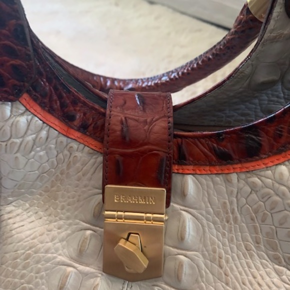 Brahmin Silver Celia Bag with Pecan trim and orange piping. - Picture 10 of 14